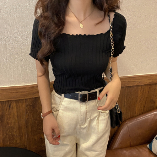 Real price 2020 new summer slim short sleeve thin square collar knitted T-shirt top