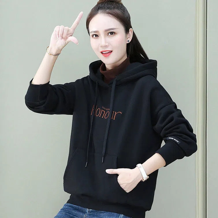 Autumn and winter fleece warm thickened hooded fake two-piece sweater women's new casual loose hooded women's coat tide