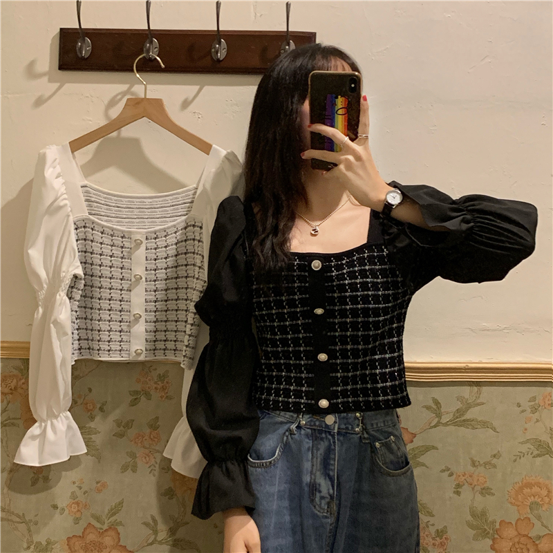 Real shot real price ~ early autumn new style square neck short style small fragrance bubble sleeve top stitching Plaid long sleeve shirt woman