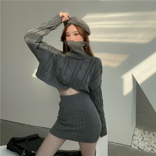 Real shooting and real price Korean women wear a versatile twist high neck, exposed navel and buttock wool suit skirt