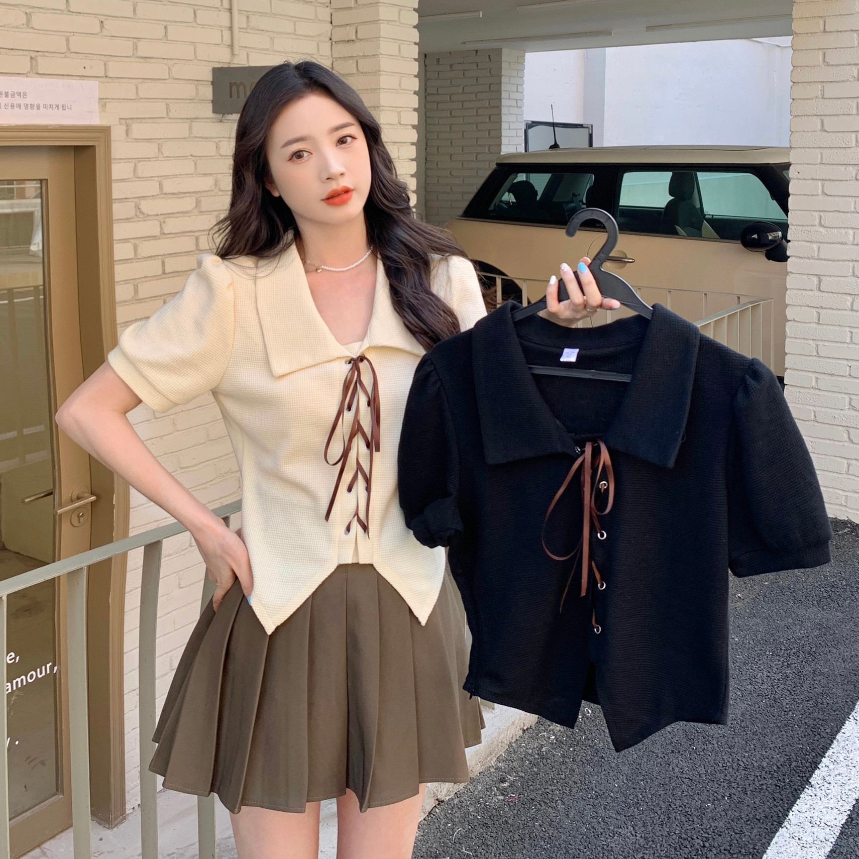 High-quality waffle tie short-sleeved women's summer new pure desire wind slim fit chic cardigan top