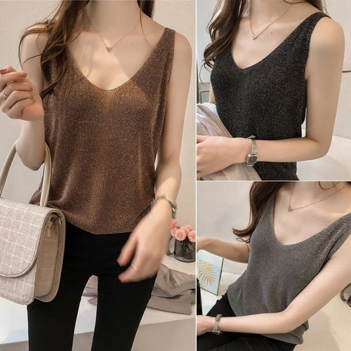 South Korea spring and summer new fashion bright silk knitting Halter vest women's slim sleeveless collar solid color base coat