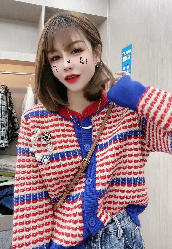 Klein Blue color matching fine wool small fragrance sweater women's aging pearl short thousand bird check knitted cardigan coat