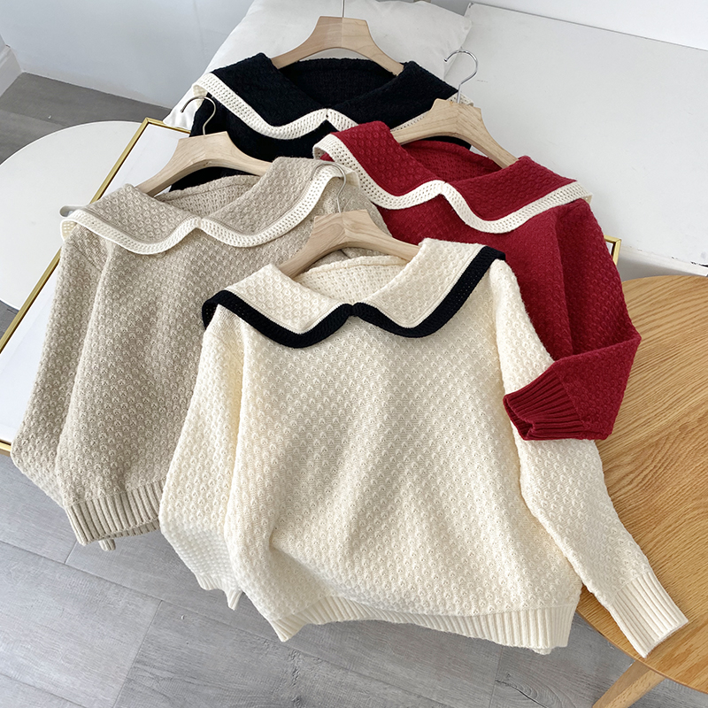 Autumn and winter new products sweet doll collar trim loose age-reducing long-sleeved pullover knitted sweater women's tops