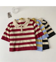 New design sense of care machine button open back short Striped Shirt Short Sleeve Knitted Top