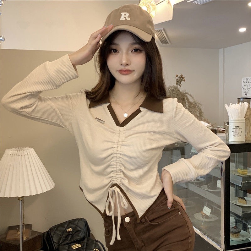 Irregular contrast color v-neck meat-covering long-sleeved t-shirt women's autumn fat sister is thin drawstring short hot girl top