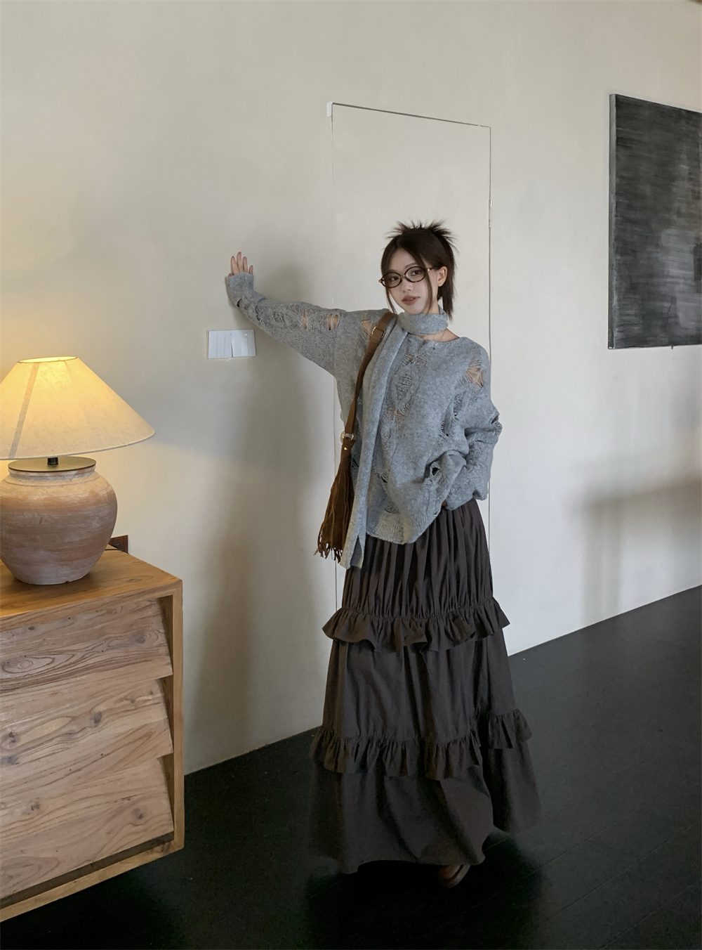 Shot~ American Lazy Style Hollowed-out Hole-y Loose Long-sleeved Knitted Sweater + High-waist Slimming Cake Dress
