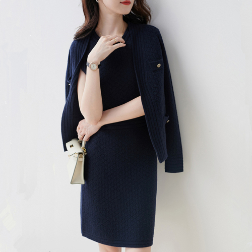 Temperament celebrity double sided jacquard metal button 30 cashmere wool knitted dress jacket suit for women autumn winter