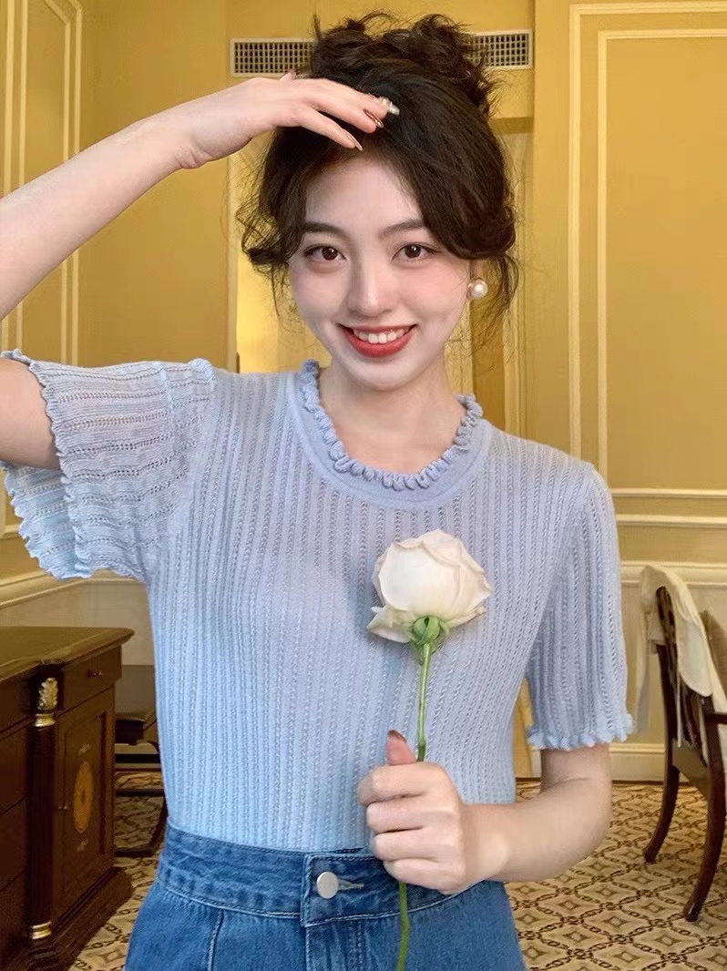 Syt sweet girl's ear edge knitted short sleeved T-shirt women's spring new solid color thin striped top