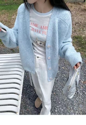 Blue Lazy Knit Cardigan Sweater Women's Outerwear Autumn Korean Style Gentle Loose V-neck Versatile Top