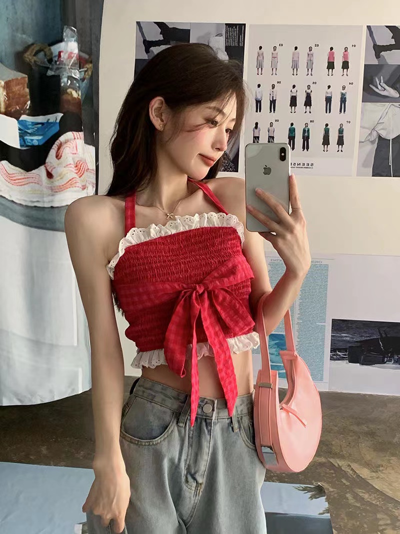 Sweet Spice Girl Halter Neck Strap Design Bowknot Pleated Tube Top