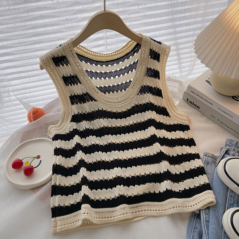 Contrast Stripe Knitted Vest Women's Summer 2022 Korean Slim Slim Sleeveless Turtleneck Jacket