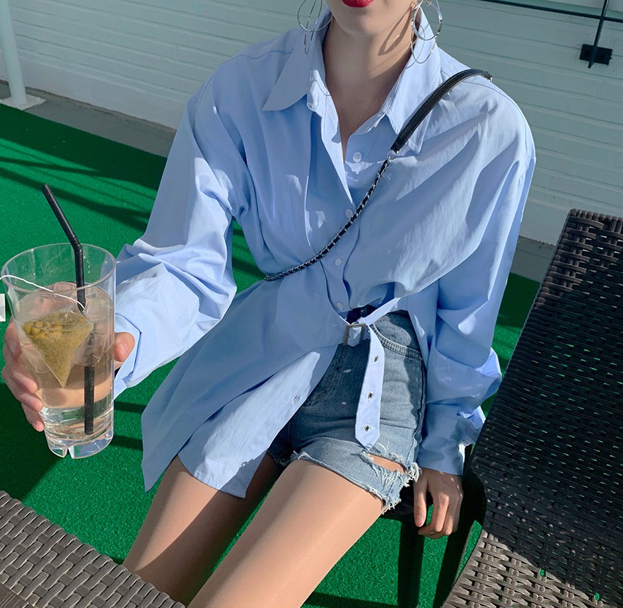 South Korea dongdamen 2022 summer new irregular lace up waist slim medium length Shirt Top Women's fashion