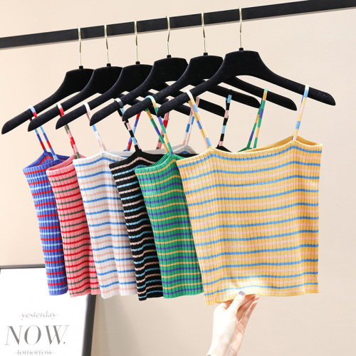 Real shot elegant style fashion color matching small suspender vest Korean version short fit Western style stripe bottoming Shirt New Summer