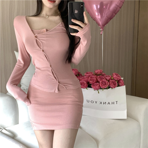 Pure Desire Style Sling Slit Dress + Oblique Buckle Shawl Loose Solid Color Long Sleeve Cardigan