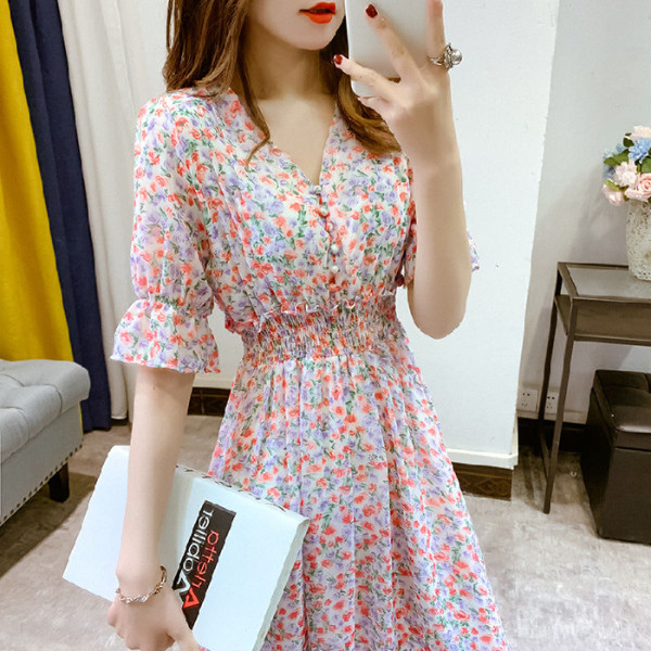 Chiffon floral dress summer new Korean close waist show thin temperament collar fairy skirt short sleeve long skirt