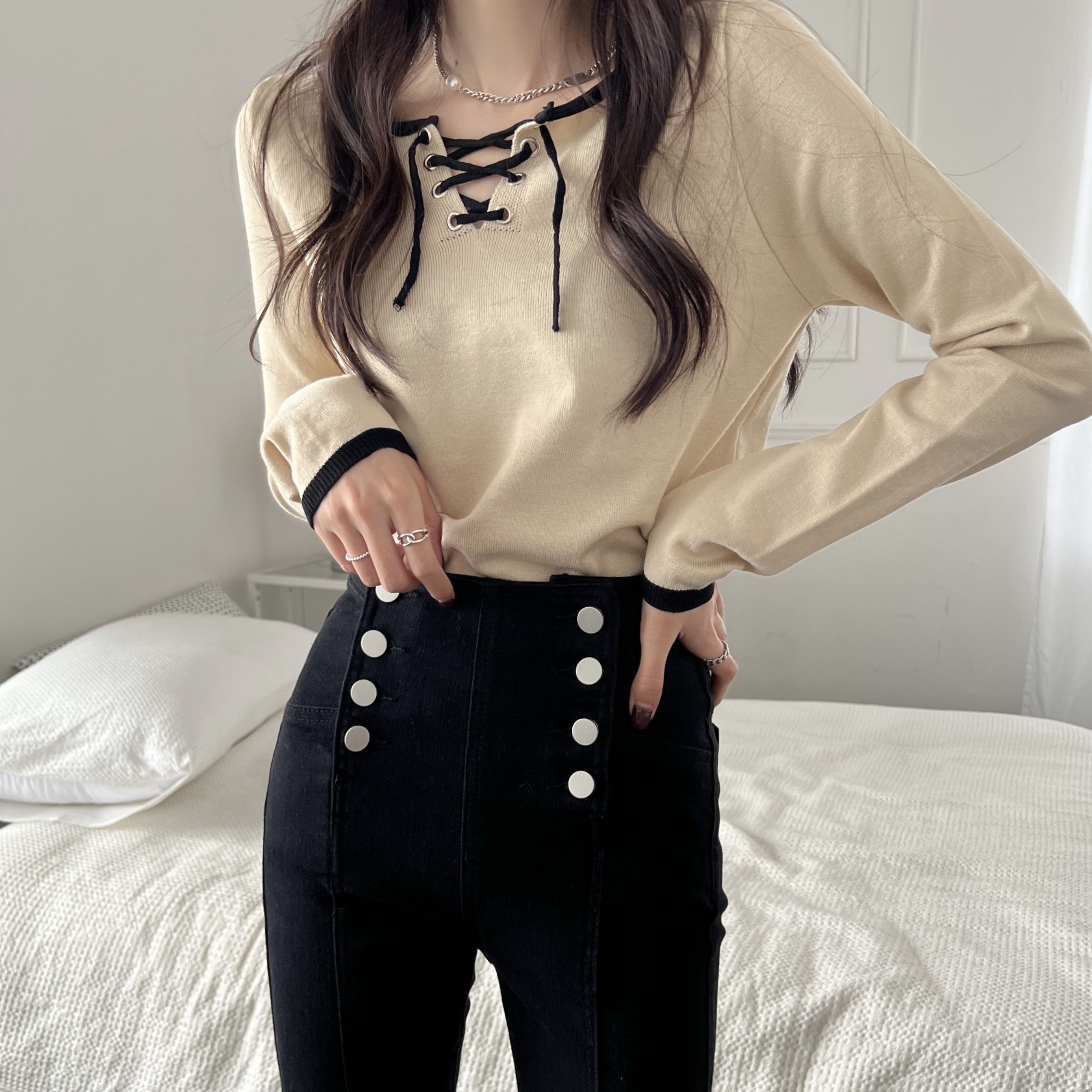 Real shooting real price Slim fit and thin round neck pullover straps long sleeves inside and outside wear knitted T-shirt top bottoming shirt women