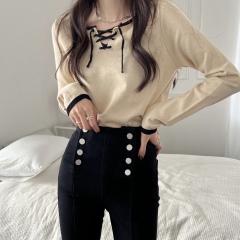 Real shooting real price Slim fit and thin round neck pullover straps long sleeves inside and outside wear knitted T-shirt top bottoming shirt women