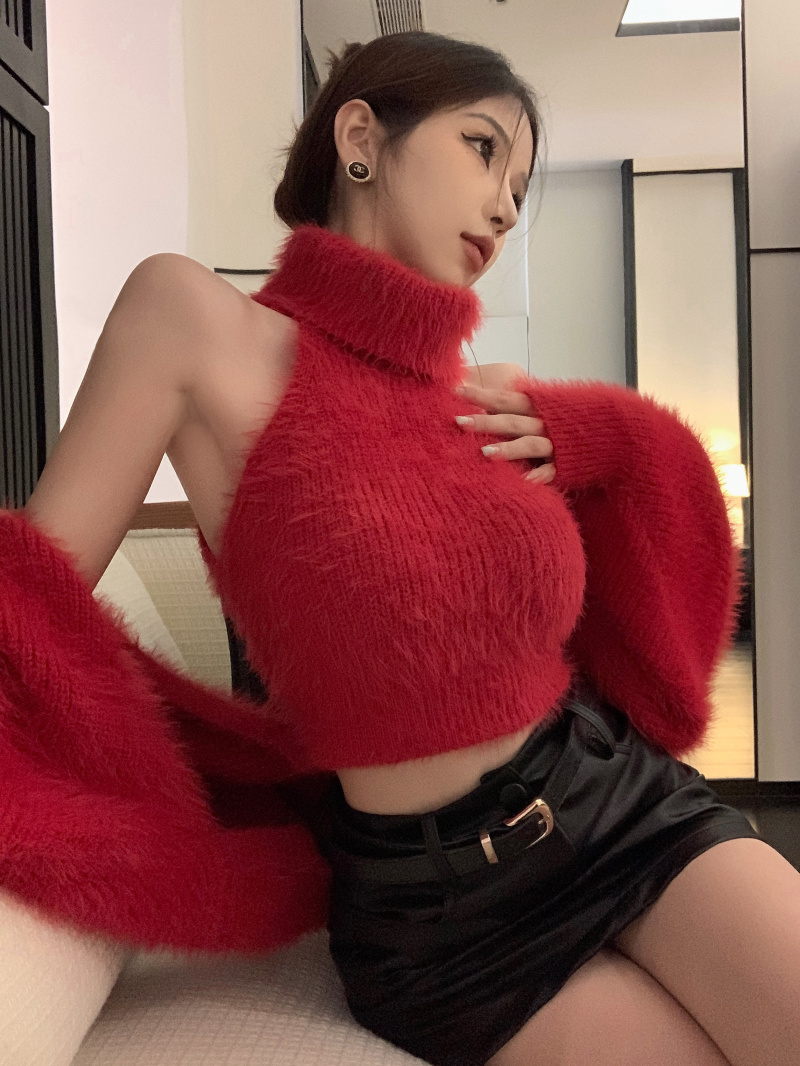 Real price pure desire style niche design sexy plush turtleneck sweater vest cardigan two-piece set