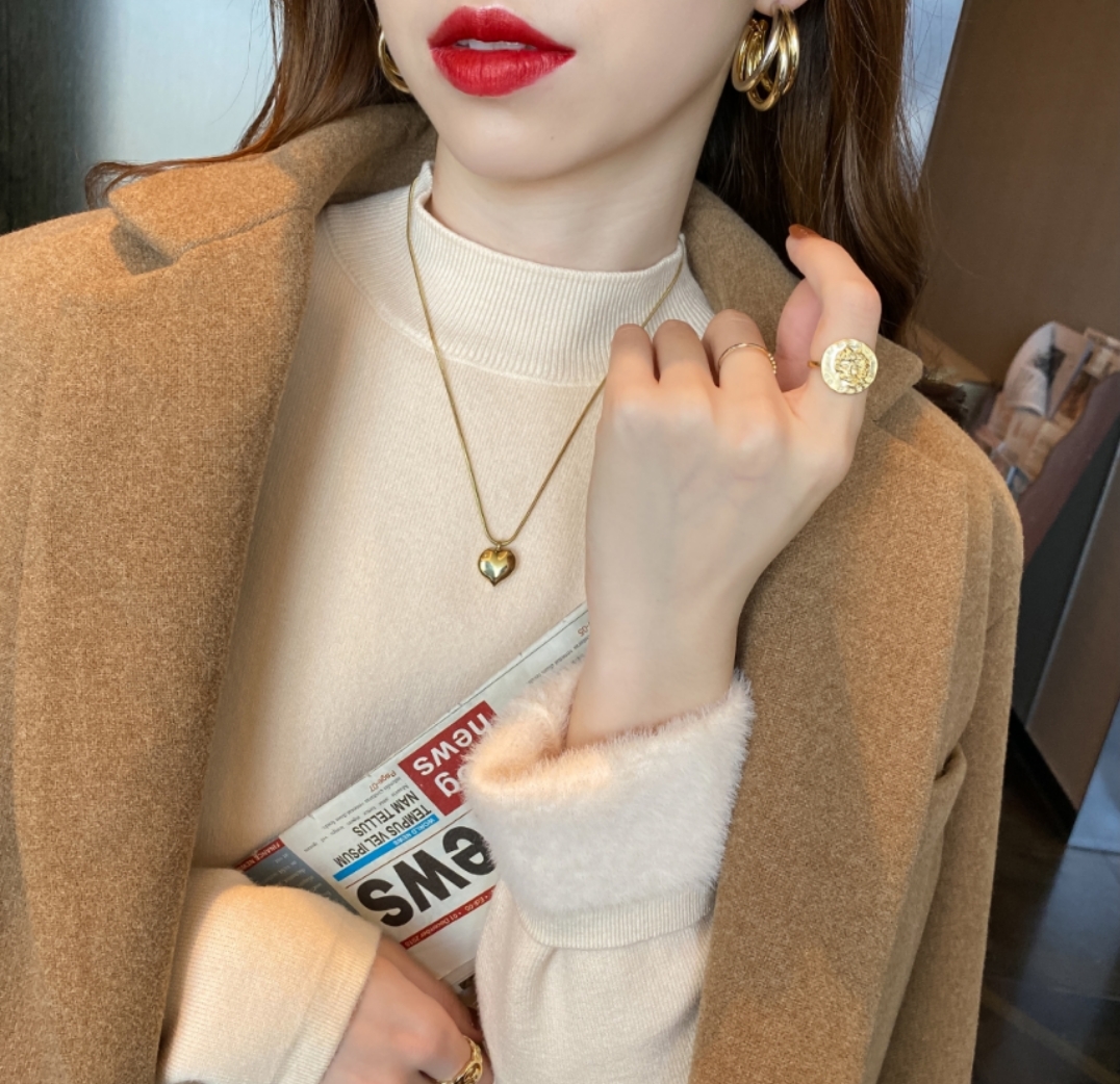 Autumn and winter new plush thickened warm integrated Plush simple solid color versatile pit strip semi high neck sweater