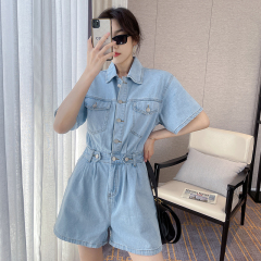 小個子顯高牛仔褲子2021年新款夏季薄款寬鬆連體短褲收腰連體褲女