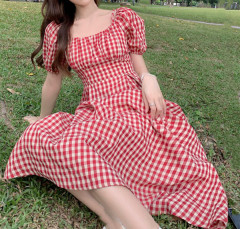 Summer 2022 new sweet temperament Plaid Dress Fashion fried Street Goddess Dress short sleeved skirt