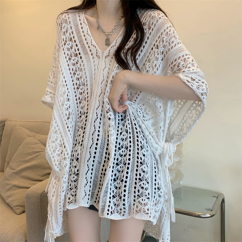 Real shooting and real price new Korean style loose tie knit wool hollow out short sleeve blouse
