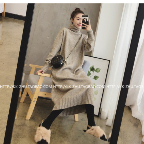 New Korean version loose thickened lazy wind high neck Pullover medium long knee sweater wool dress women