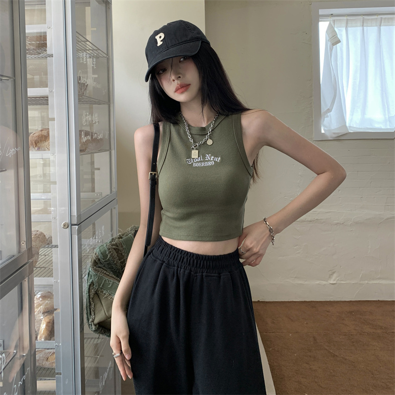 Hot Girl White Letter Embroidered I-shaped Vest Women's Outerwear Trendy Summer Slim Sleeveless Short T