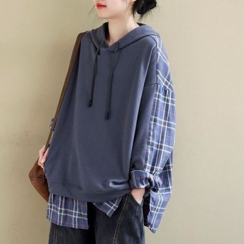 Spring and autumn new loose literary Hoodie stitched Plaid