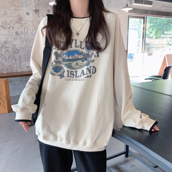 Real shooting Korean loose printing cartoon pattern sweater long sleeved female
