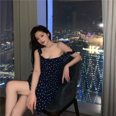 Real photo real price wooden ear side sling Love wave point Sexy French retro slim Halter Dress