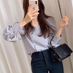 French retro square collar thin versatile shirt beware of machine leakage clavicle design lady Lantern Sleeve Top