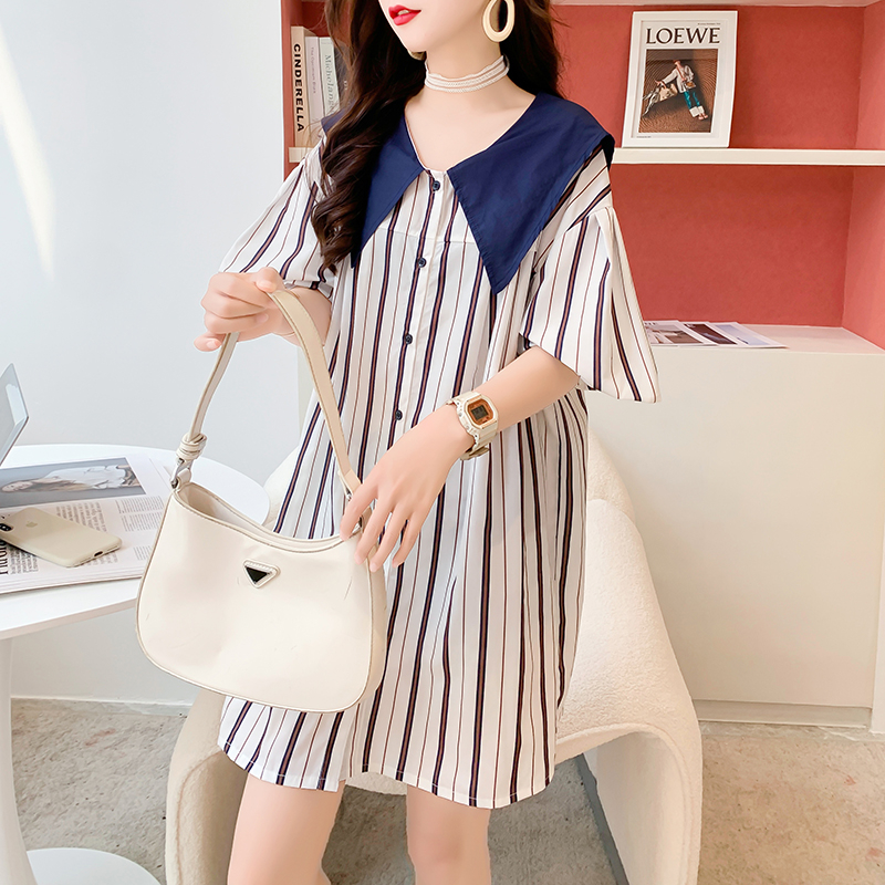 Real shot 100% polyester navy collar striped short-sleeved shirt women's summer loose mid-length foreign style age-reducing dress
