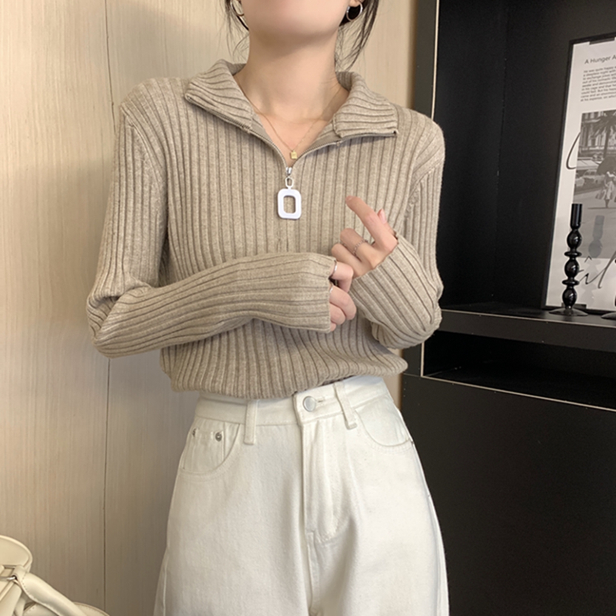Autumn and winter Korean style loose zipper lapel thickened pitted sweater with women's sweater