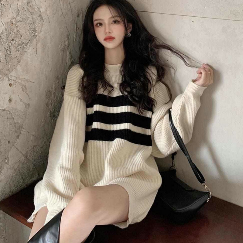 Medium long sweater loose women lazy wind 2022 new winter wear sweater pullover long sleeve top fashion