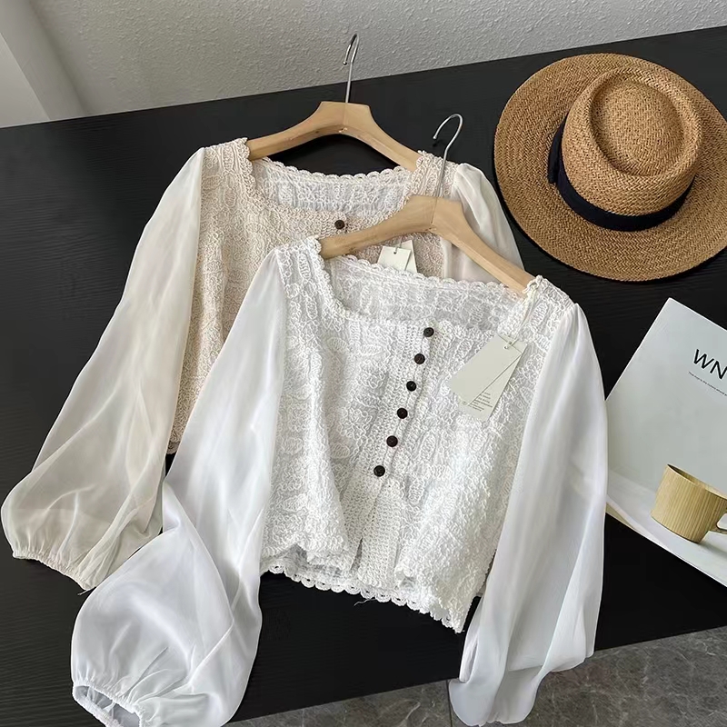 Heavy-duty weaving lace stitching lantern chiffon sleeve shirt top small shirt small style design sense thread empty hook flower is thin and thin