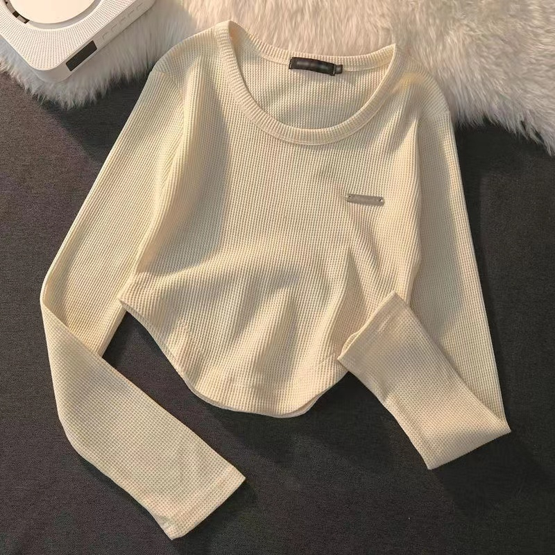 Irregular T-shirt women's ins tide apricot long-sleeved women's autumn new hot girl slim fit and thin short top women