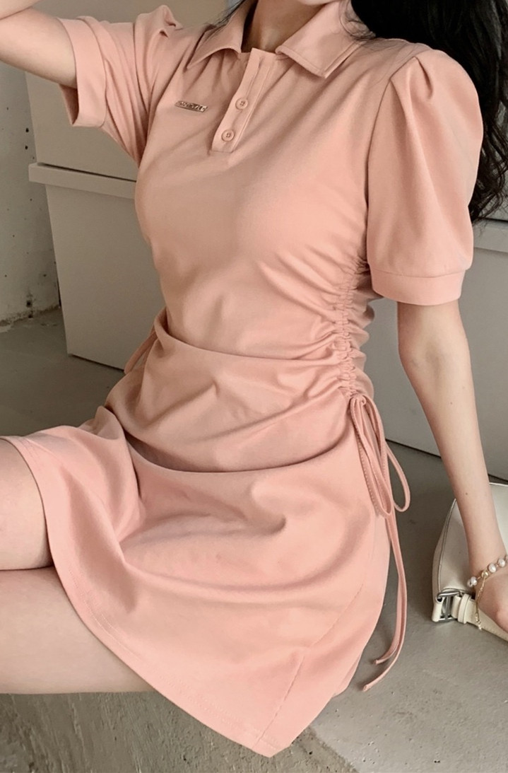 Polo collar dress women's spring and summer 2022 new drawstring waist slimming, slim, sweet and spicy, pure desire short sleeved skirt