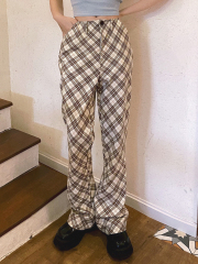 Real photo 2021 summer new retro Plaid straight tube wide leg pants women's super hot high waist slim micro La pants