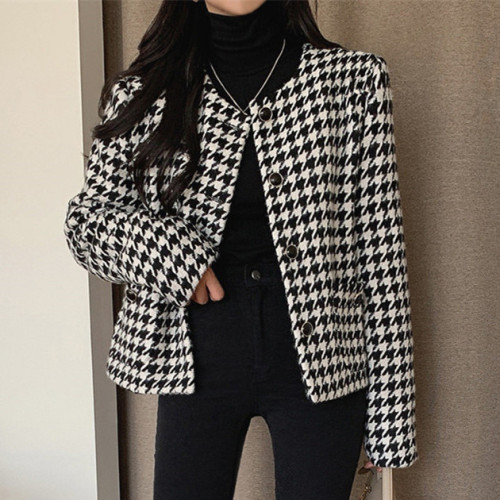 Korean version simple round neck thousand bird lattice short coat women's autumn 2020 new small tweed casual coat