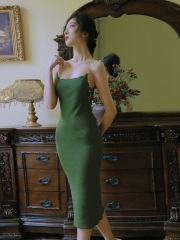 Green dress slim pearl chain yellow knitting skirt high waist suspender skirt in summer 2021