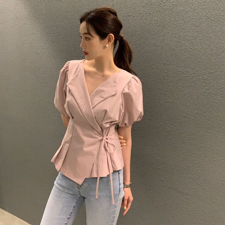 Korean chic summer new design V-neck lace up waist closed bubble sleeve shirt