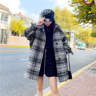 Woolen coat women's 2021 new autumn and winter medium long loose small fragrance plus cotton plaid tweed coat