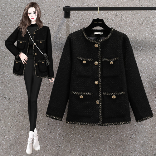Real shot autumn and winter plus size women's Korean version woven tweed casual thin short jacket top M-4XL200 catties