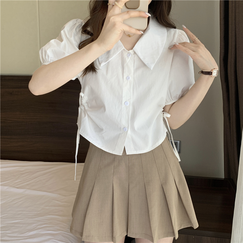 Real price real shot new summer Korean style foreign style design sense drawstring bandage short aging shirt