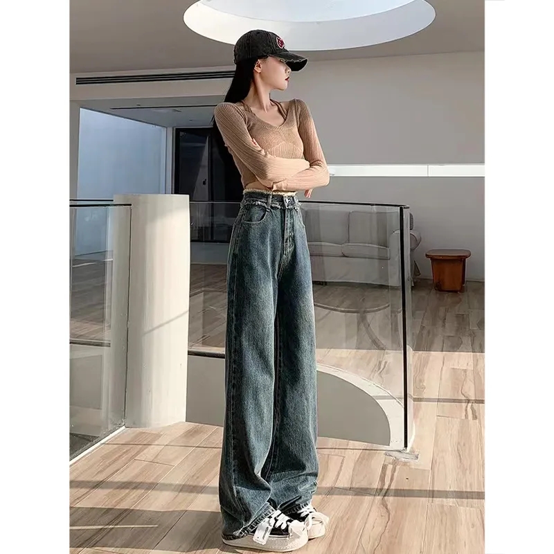 American retro wide-leg jeans women's autumn and winter high waist large size loose drape raw edge design straight leg mopping pants