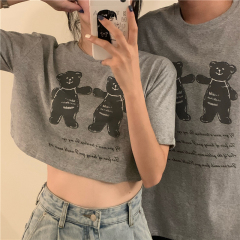 Open navel short top female couple summer loose bear short sleeve t-shirt female fashion Harajuku high waist half sleeve