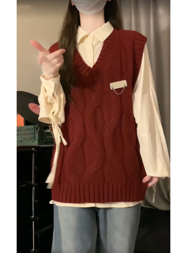 Flaxseed Collarless Sleeveless Sweater for Women - Autumn/Winter Loose Slouchy Soft and Versatile Slimming Fashion Knit Cardigan