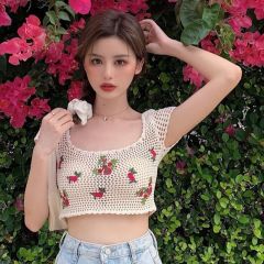 Guima girl summer flower embroidery short knitted vest elegant sweet age reducing sleeveless vest suspender top